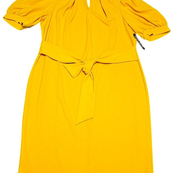 NY&C Womens Mustard Yellow Keyhole Neck Puff Sleeve Belted Midi Dress Size XXXL - Picture 3 of 13
